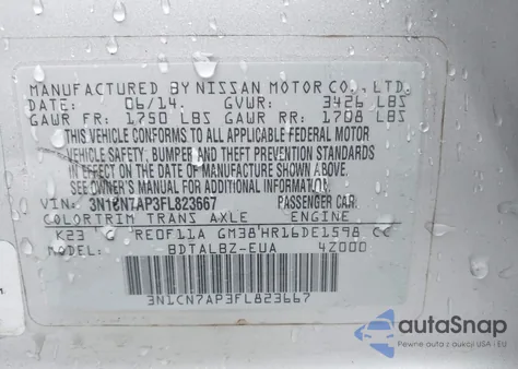 2015 Nissan Versa 1.6 Sv z USA, uszkodzony, nr VIN 3N1CN7AP3FL823667